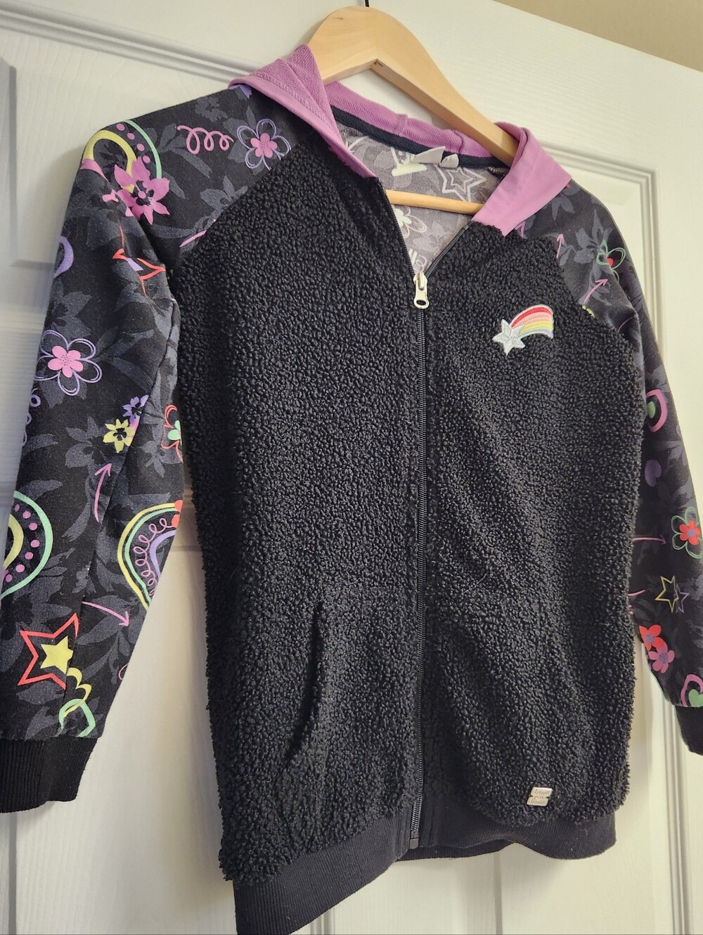 deux par deux Black Sherpa Zip Hoodie with Purple Hood and Multicolor Sleeves